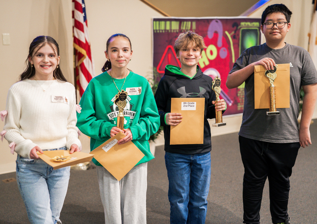 KCS Math Field Day Winners, 8th Grade, from left to right - Alternate, Harper Bartlett, Sissonville Middle - 3rd Place, Nadia Cicenas, Charleston Catholic - 2nd Place, Eli Hale, Horace Mann - 1st Place, Hayden Zhang, Andrew Jackson Middle.