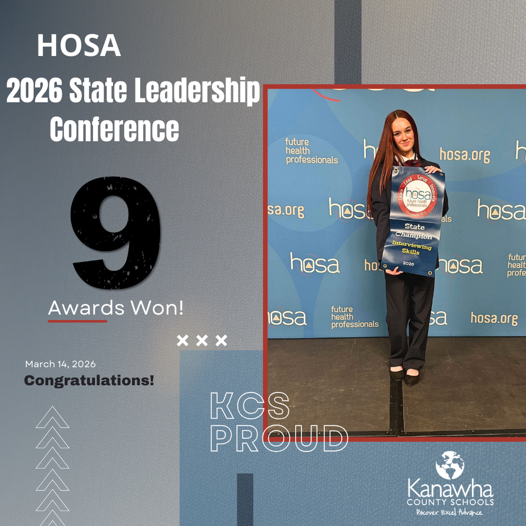 Nine KCS Students won awards at the 2026 HOSA State Leadership Conference. One student is standing on stage, holding her state champion banner for earning first place in the Interviewing Skills Competition. 