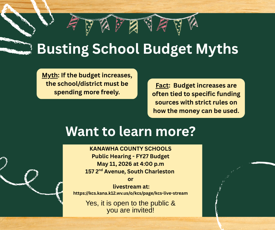 Busting School Budget Myths. Myth: If the budget increases, the school/district must be spending more freely. Fact: Budget increases are often tied to specific funding sources with strict rules on how the money can be used. Want to learn more? KCS FY 27 Public Budget Hearing is May 11 at 4:00 p.m. at 157 2nd Avenue South Charleston, WV. 