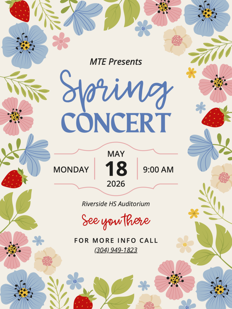 Floral-themed spring concert poster with pastel flowers and strawberries. Event details: May 18, 2026, 9:00 AM at Riverside HS Auditorium. Contact provided.