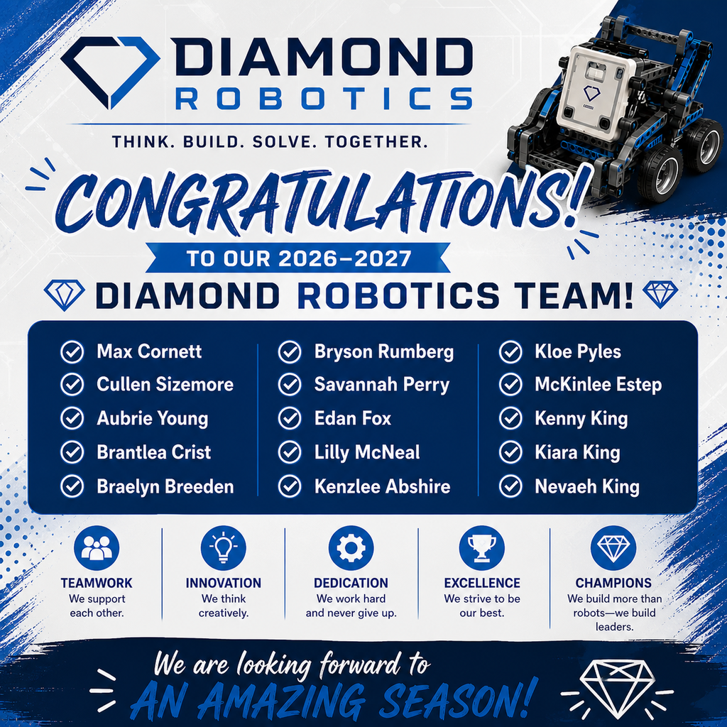 Congratulations graphic for the 2026-2027 Diamond Robotics Team with names listed. Features icons for teamwork, innovation, dedication, excellence, and champions.