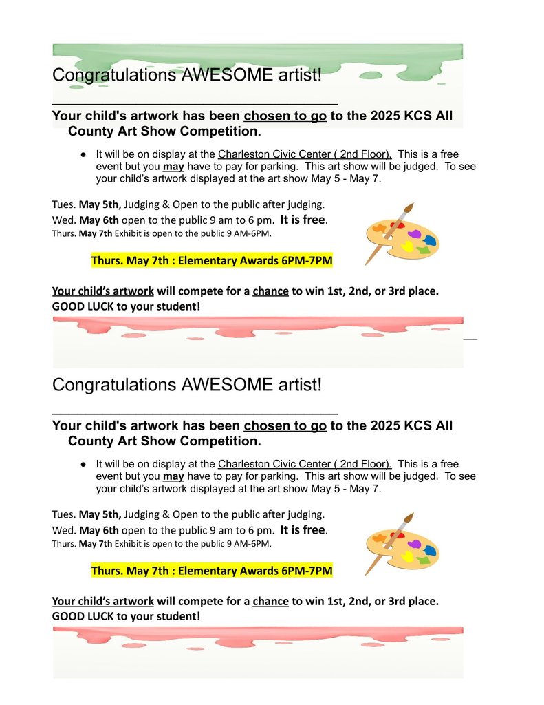 Flyer for the 2025 KCS All County Art Show Competition. Announces chosen child artists, details event times, and congratulates participants.