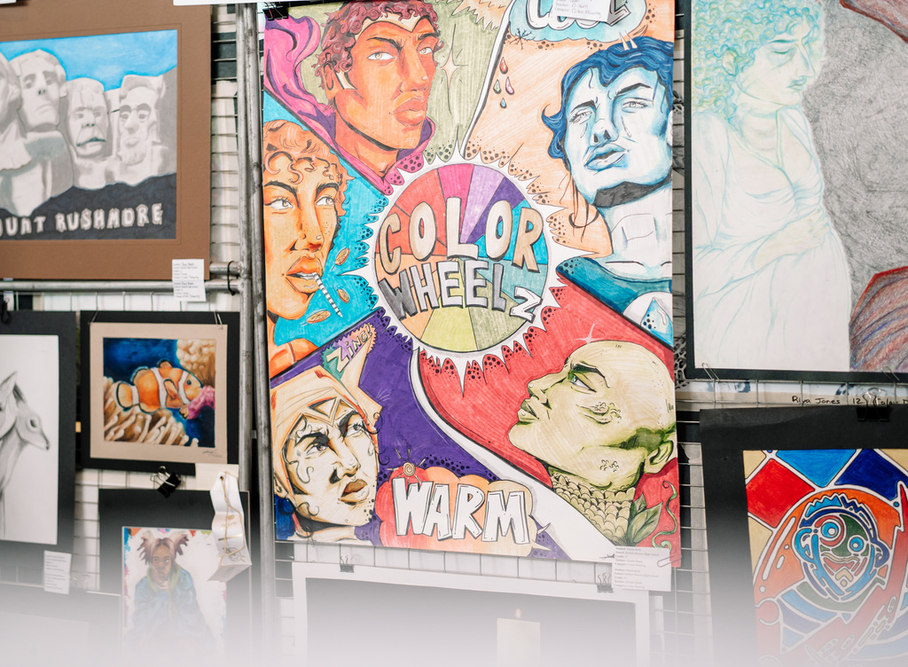A colorful drawing on display called, Color Wheelz, on display at the KCS Art Show.