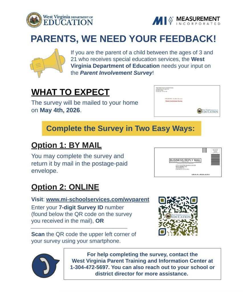 Parents, we need y our feedback. If you are the parent of a child between the ages of 3 and 21 who receives special education services, The WVDE need your input on the Parent Involvement Survey. There are two options to do the survey. Option 1, complete the paper copy that was mailed to you and return it in the envelope enclosed with the survey. The postage has already been paid on that envelope. Option 2, scan the QR code on the survey you received in the mail and enter your 7-digit survey code that is below the QR code. This will allow you to do complete the survey online. 