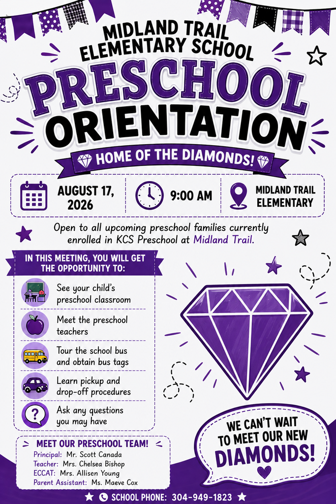 Preschool orientation flyer for Midland Trail Elementary on August 17, 2026, at 9:00 am, featuring a large diamond graphic and event details about preschool programs and staff.