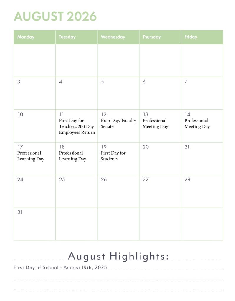 August 2026 school year schedule.