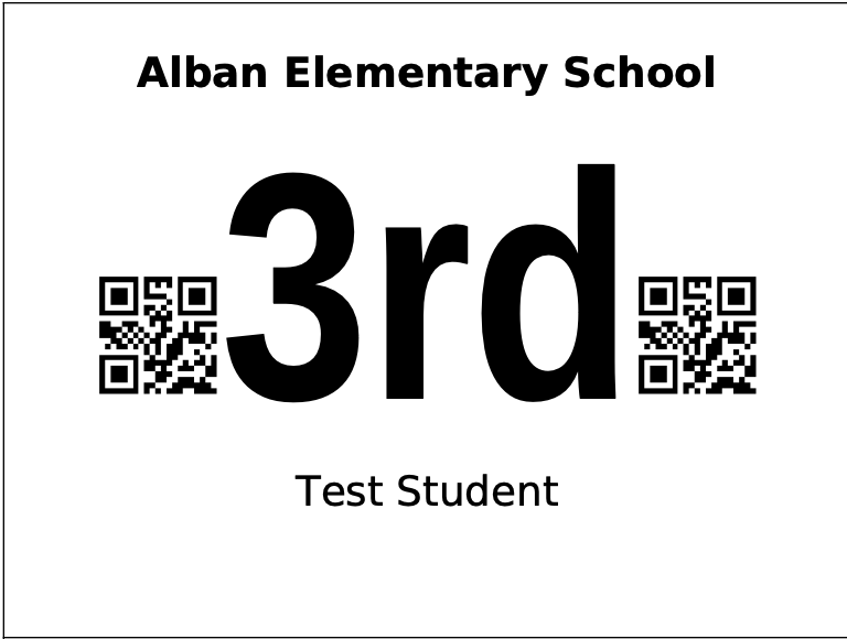 K-3 example bus tag. School name is at the top. In the middle is the student's grade and there is a QR code on either side of the grade number. Below the grade number is the student's name. 