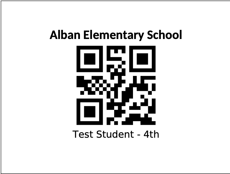 4th grade and above student bus tag example. The school name is at the top of the tag, the QR code is in the middle and the student grade is below the QR code.