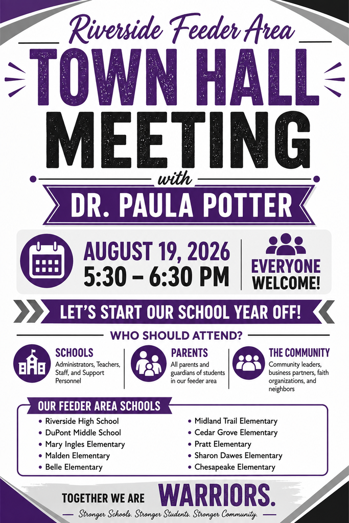 Purple-and-white flyer for Riverside Feeder Area Town Hall Meeting with Dr. Paula Potter, August 19, 2026, 5:30–6:30 PM; everyone welcome.