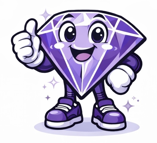 Purple diamond character standing with thumbs up.