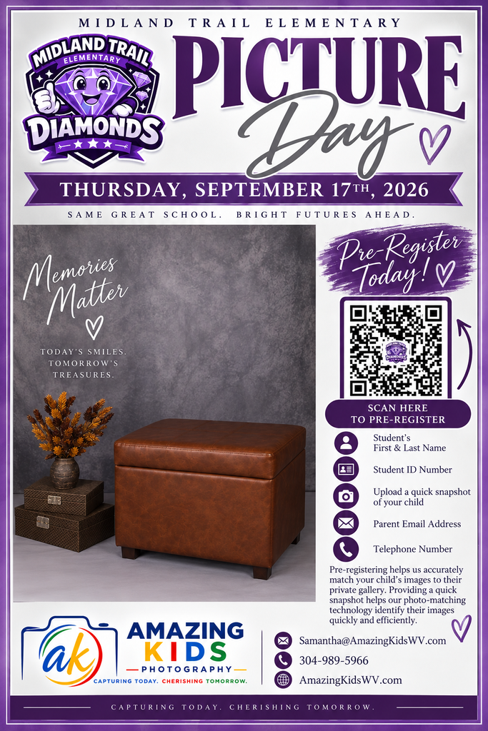 School Picture Day flyer for Midland Trail Elementary, September 17, 2026, featuring a school logo, brown chair, QR pre-registration code, and photographer details.