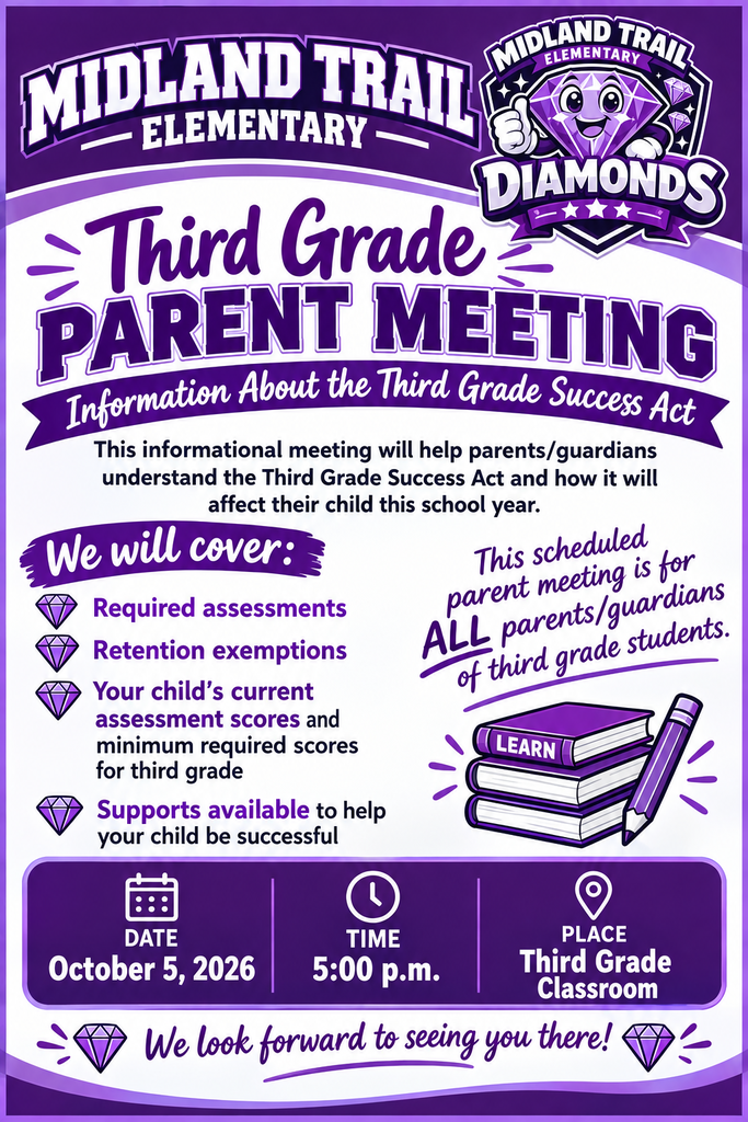Purple Midland Trail Elementary flyer announcing a third-grade parent meeting. It highlights assessment requirements and support, with date, time, and classroom details in a welcoming school tone.