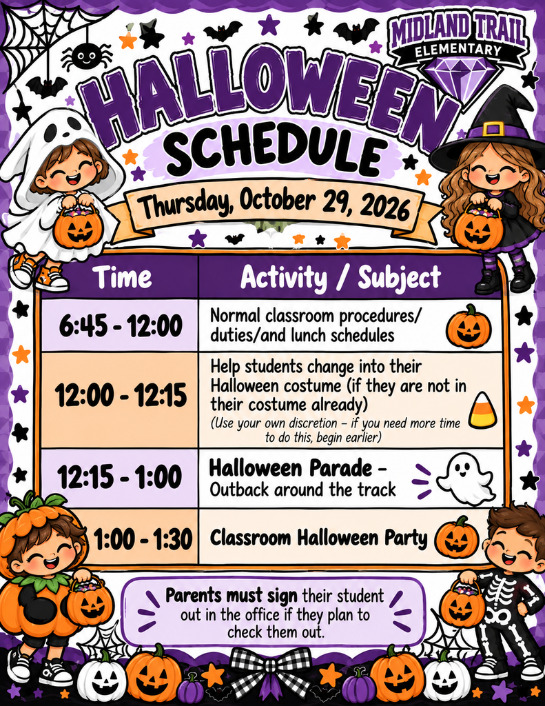 Purple Halloween school schedule for Midland Trail Elementary, dated October 29, 2026, with activity times, cartoon children in costumes, pumpkins, bats, and ghosts.