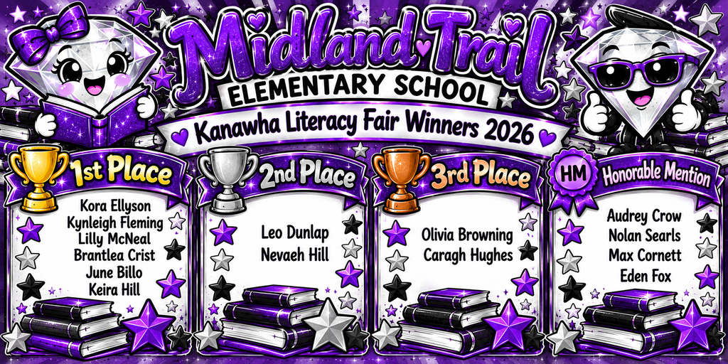 Purple, black and white poster for the 2026 Kanawha Literacy Fair at Midland Trail Elementary, showing two cartoon mascots, books, stars, and award lists for first, second, third and honorable mention.