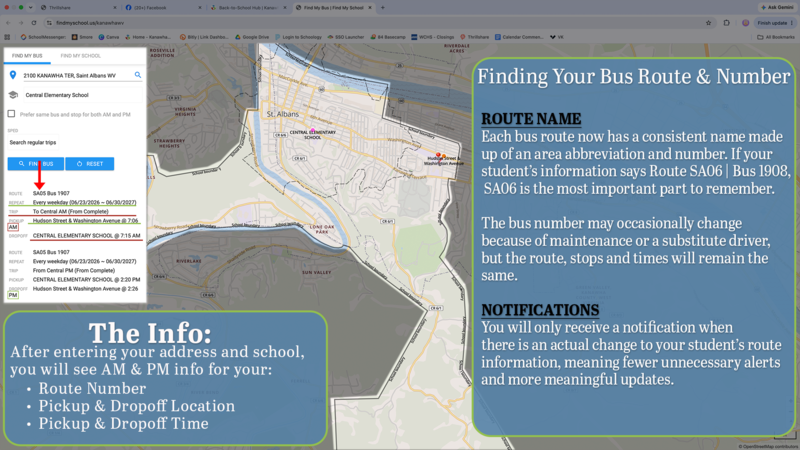After entering your address and school, you will see AM and PM info for your Route Number, Pickup and Drop-off location and time.