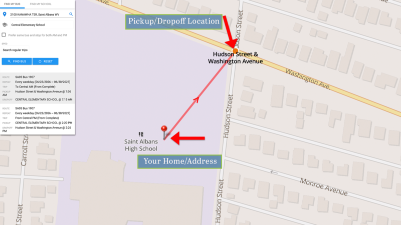 The location pin is your home address and the orange dot is your bus pickup/drop-off location.