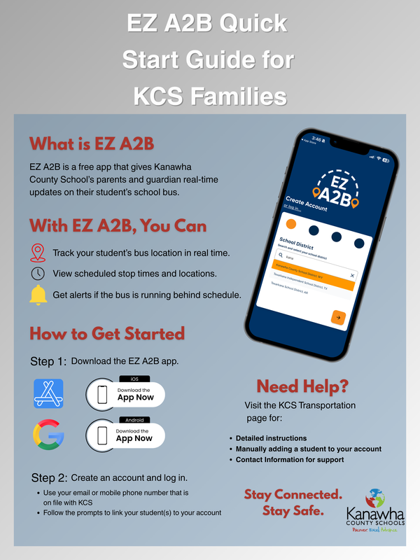 download the app EZ A2B in the apple app store or google play store to be able to track your student's school bus.