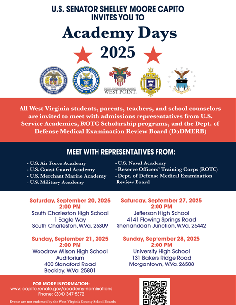 academy days list of dates. charleston area date is saturday, September 20th, 2025 at South Charleston High School at 2:00pm.