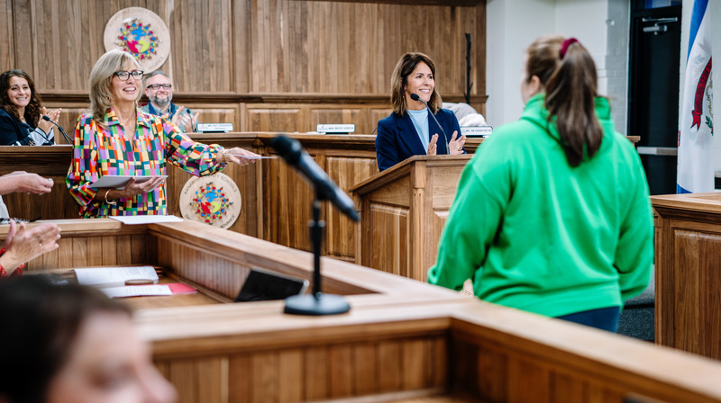 kcs superintendent, dr. paula potter, and kcs deputy superintendent, missy ruddle, congratulate secondary teachers for their outstanding work.