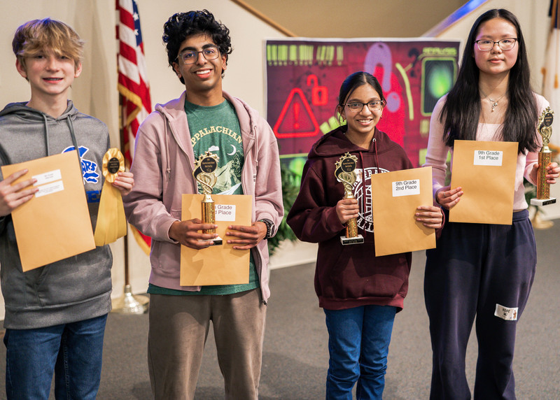 KCS Math Field Day Winners, 9th Grade, from left to right - Alternate, Beau Hale, Capital High School - 3rd Place, Vibhuman Haricharan, George Washington High School - 2nd Place, Shrija Malkaram, George Washington High School- 1st Place, Hope Wu, George Washington High School.