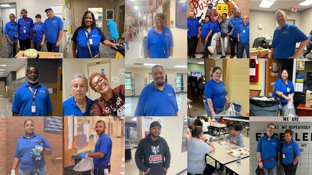 a montage photo of adults in blue shirts doing various tasks including standing or working