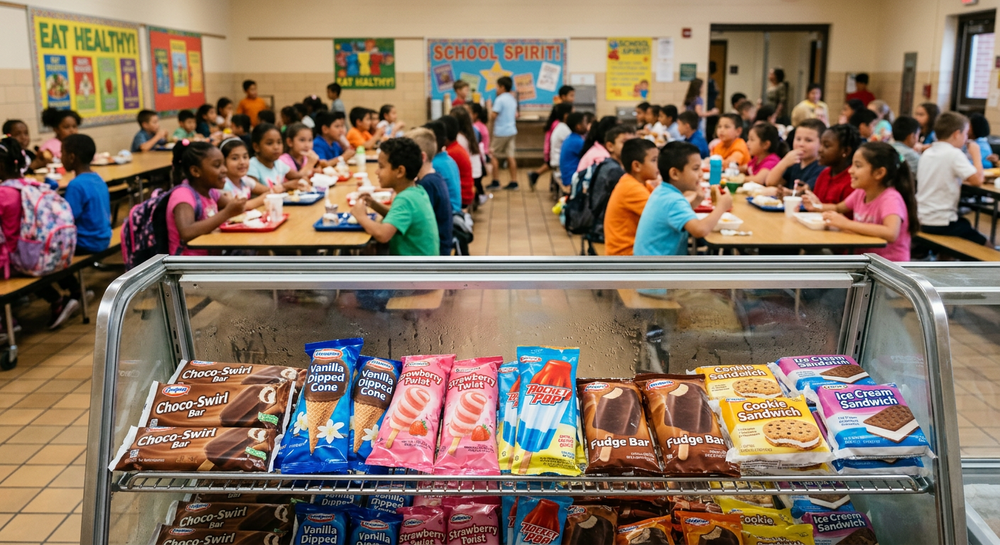 Ice cream display in cafeteria with elementary students in background