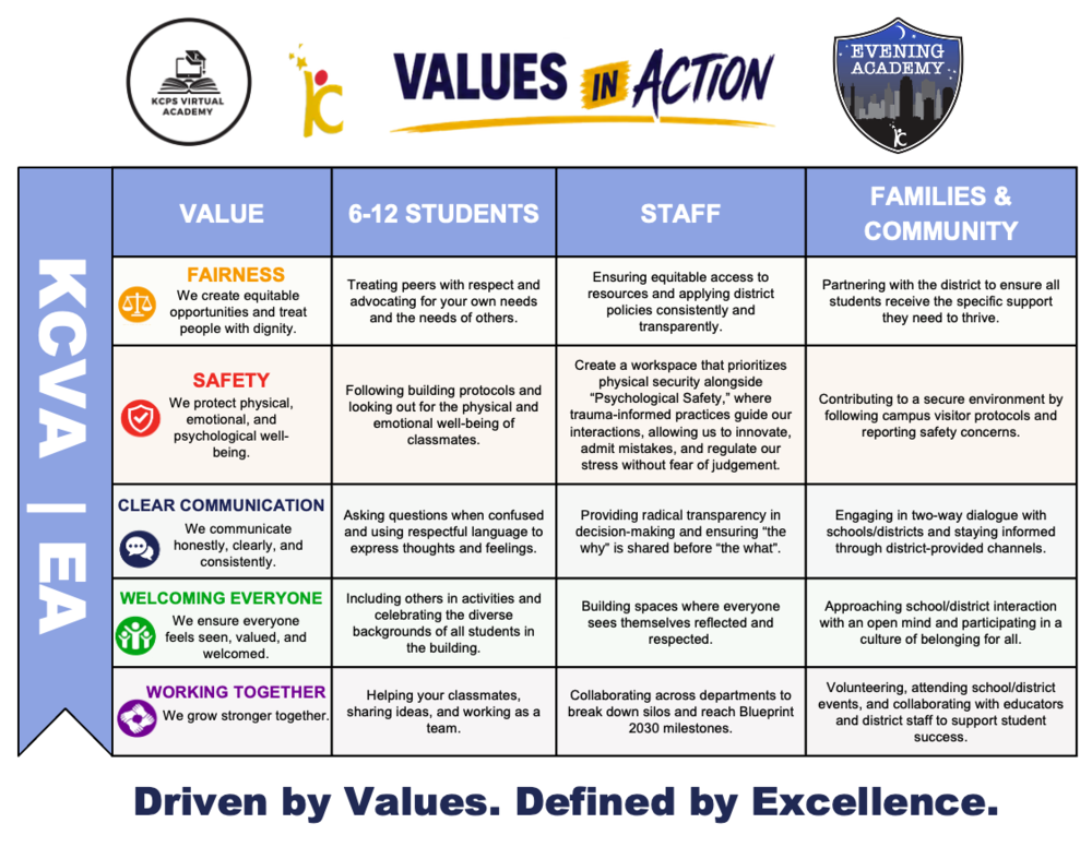 White background expressing the Values in Action initiative 