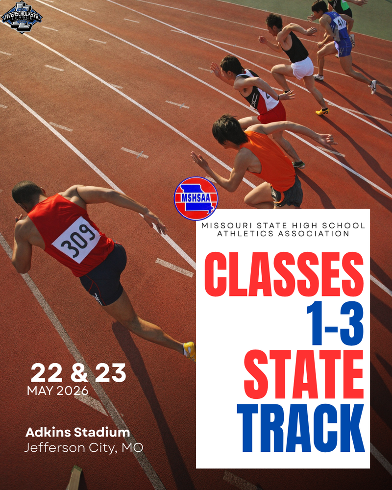 Runners on a track. Text advertising state track