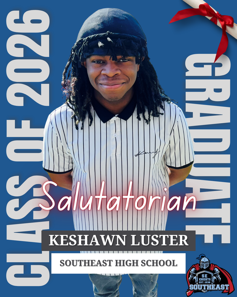 blue background with picture of student who has been names as salutatorian.