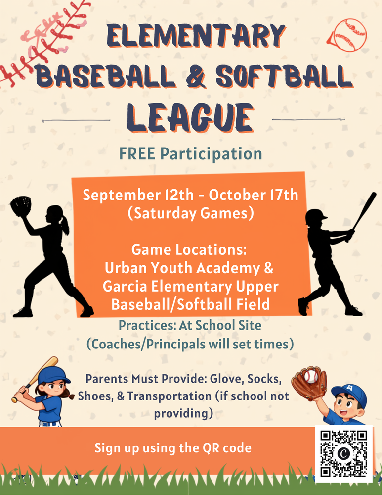 beige background with orange boxed and blue and white lettering advertising a new sports league.  QR code included to sign up