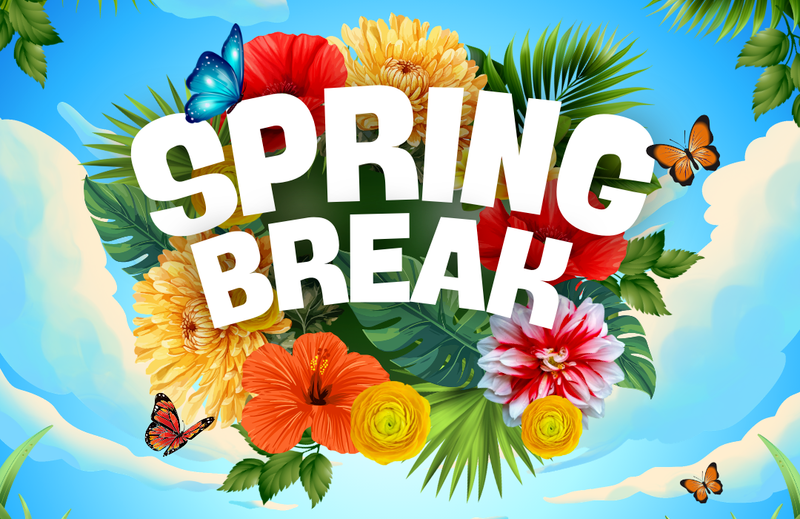 bright blue background with Spring Break on Flowers