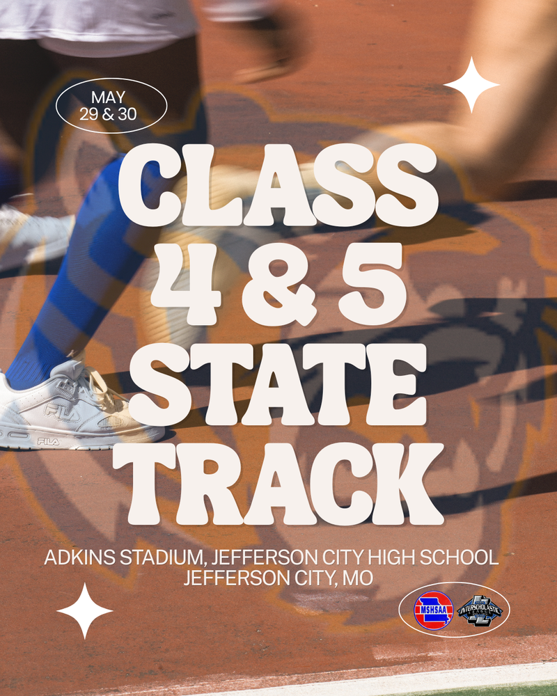 Legs running on a track with white text advertising state track