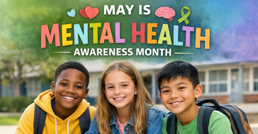 May is Mental Health Awareness Month banner over three smiling children