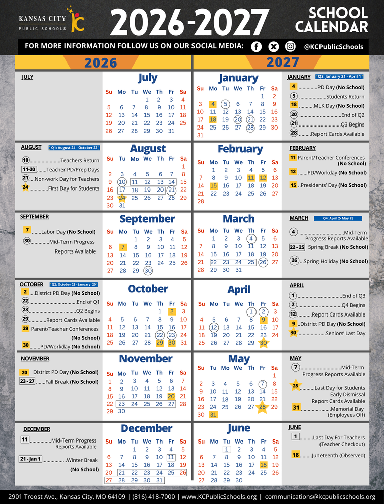 KCPS School Calendar for 2026-27