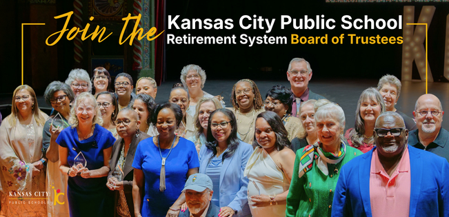 A group of retiring KCPS staff members stand in a group smiling at the camera during an awards banquet