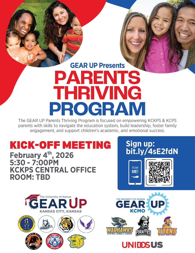 Flyer for "Parents Thriving Program" with diverse family photos and event details in bold red and blue text. Date: Feb 4, 2026. QR code and sign-up link.