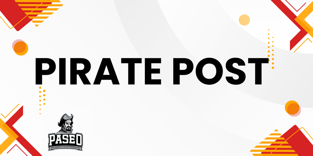 "Bold text 'Pirate Post' centered on a white background with geometric red and orange accents. A pirate logo with 'Paseo' in the bottom left corner."