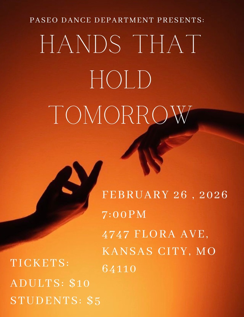 Silhouetted hands reaching towards each other on an orange background. Text: "Paseo Dance Department Presents: Hands That Hold Tomorrow" with event details.