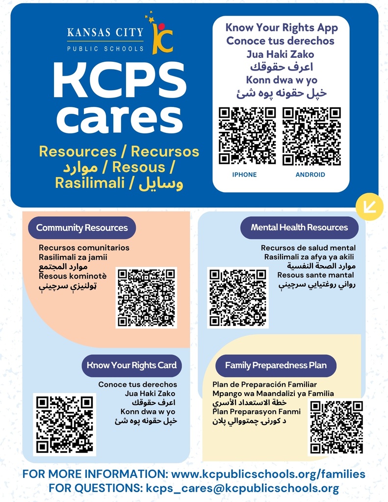 KCPS Cares card about community resources, know your rights, family preparedness plan, mental health support and more.