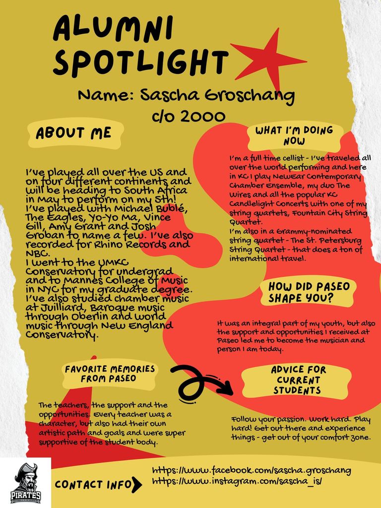 Alumni Spotlight poster for Sascha Groschang (c/o 2000). Background in music, with performances worldwide. Features advice and memories, emphasizing passion and hard work. Includes links to social media.