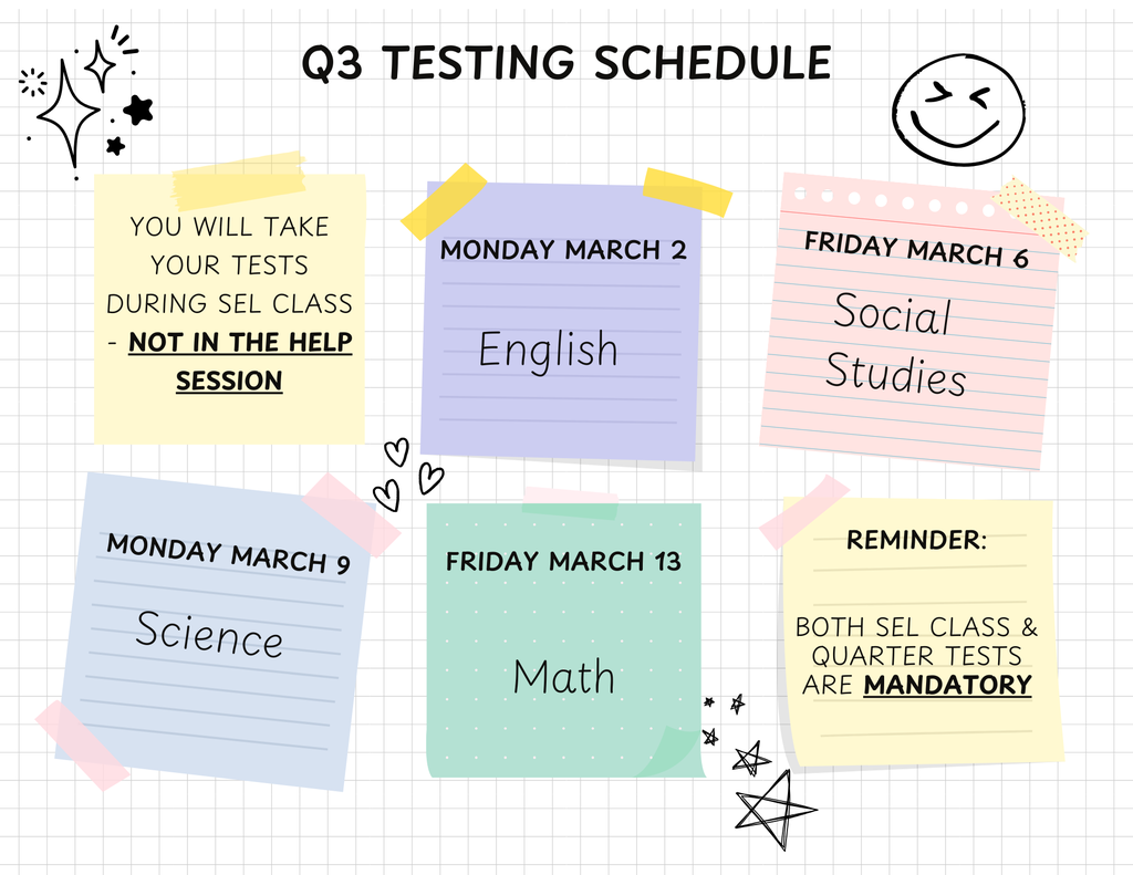 pastel colored post-it notes on a white grid background with testing information and reminders about attendance being mandatory.