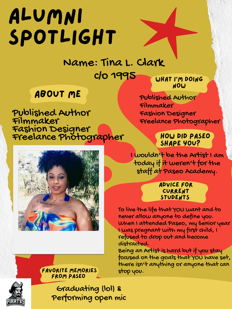Alumni spotlight for Tina L. Clark, class of 1995, features a photo of her smiling. Text highlights her careers as author, filmmaker, designer, and photographer.