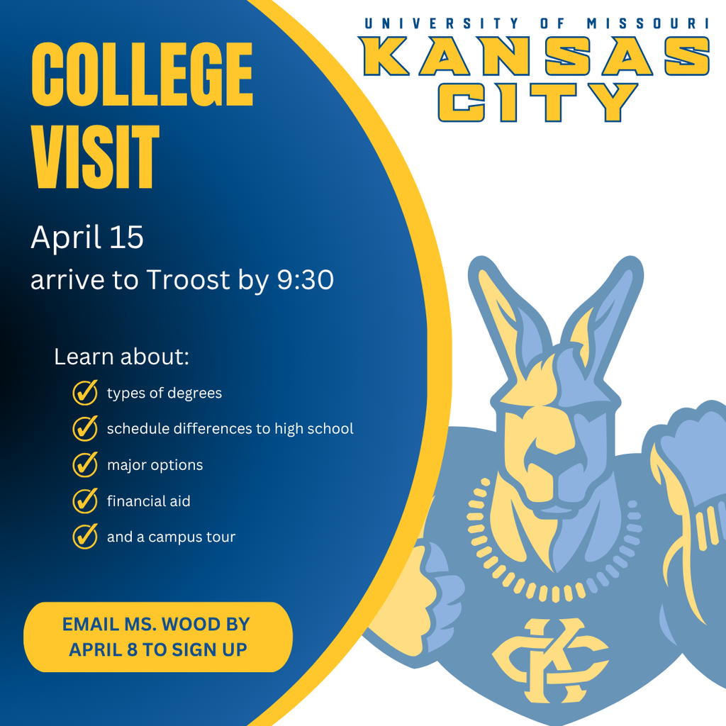 Image has blue, white, and yellow aspects.  Advertises upcoming college visit.