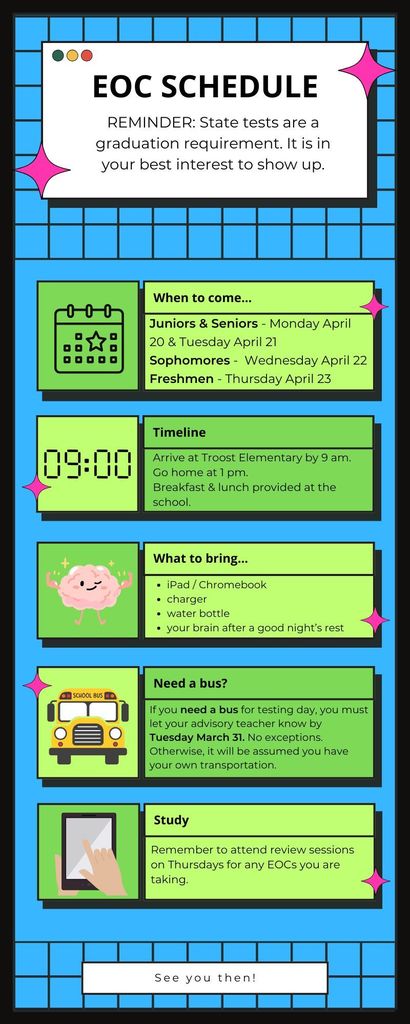 light blue background with information on EOC testing for students.
