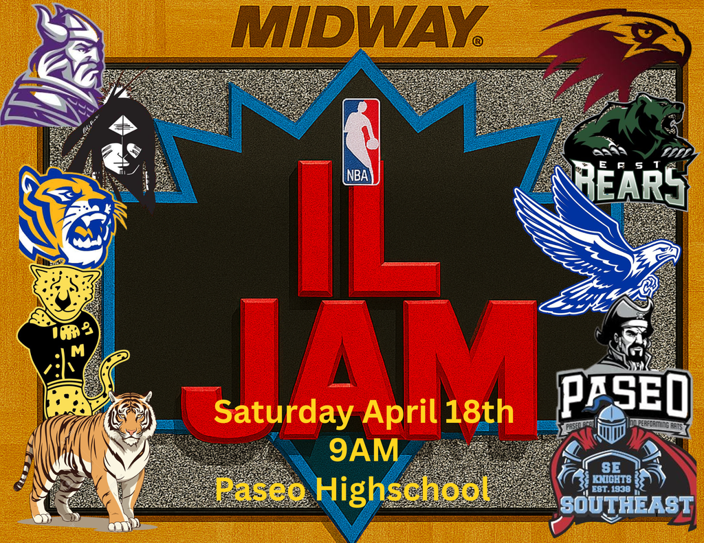 Promotional image for the IL Jam basketball event featuring various school mascots, NBA logo, and text: "Saturday April 18th, 9AM, Paseo High School."