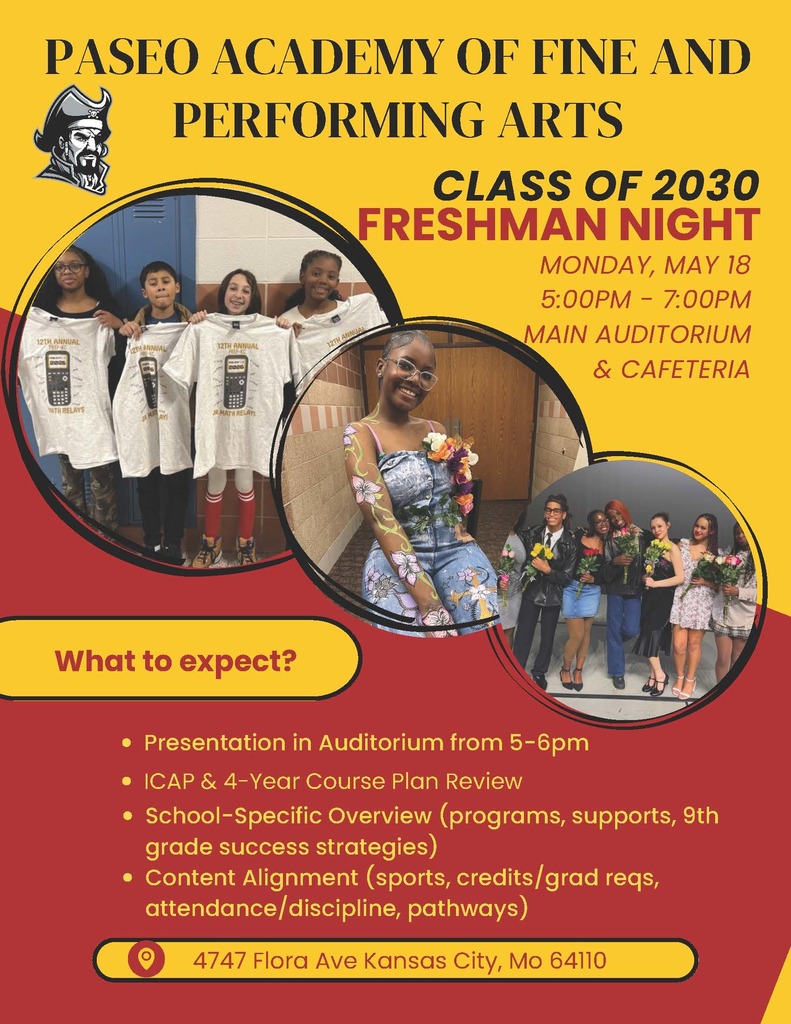Flyer for Paseo Academy’s Freshman Night on May 18, 5-7 PM. Features students in casual and formal attire, school info, and event details. Tone: welcoming.
