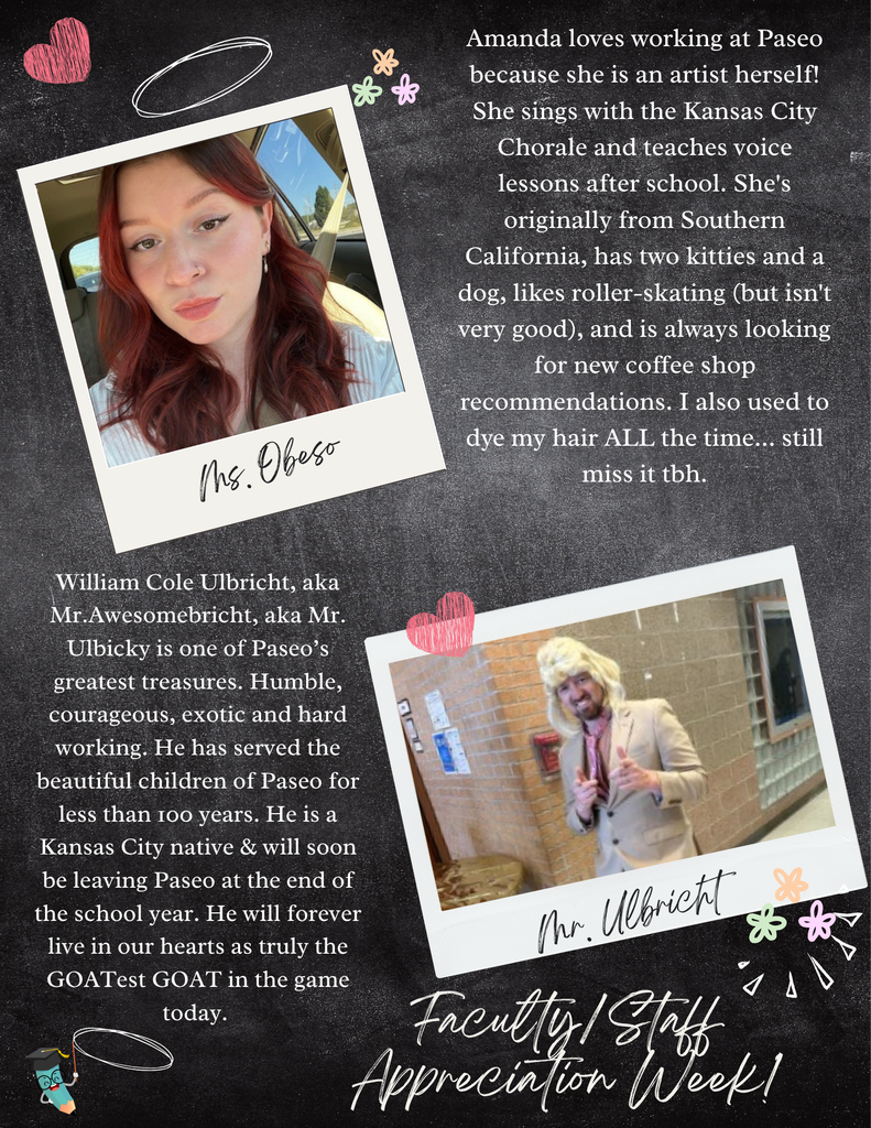 Polaroid-style photos of two teachers on a chalkboard background. Descriptive text highlights their hobbies and contributions. Decorative doodles surround them.