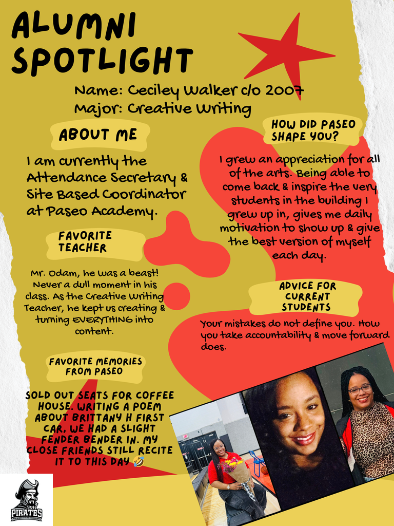 Alumni Spotlight for Ceciley Walker, class of 2007, Creative Writing major. Describes her role at Paseo Academy, memories, and inspiration. Includes a photo collage with Ceciley smiling. The tone is nostalgic and motivating. Bright and colorful design.