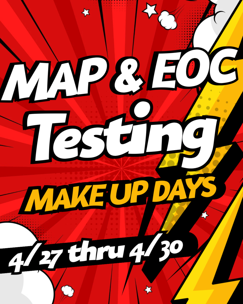 Red Background, comic book style  with MAP & EOC testing text 
