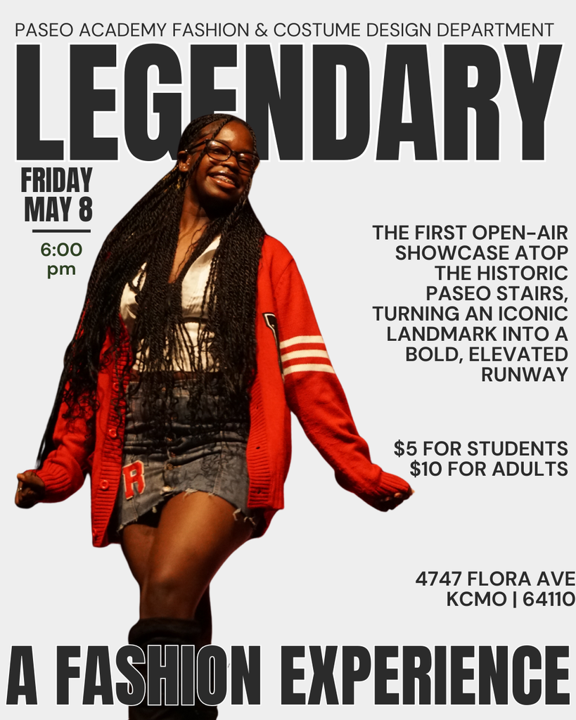 A smiling person in a red jacket and denim skirt poses. Text above reads "Legendary" for a fashion event on May 8th at the Paseo stairs, highlighting an open-air showcase.